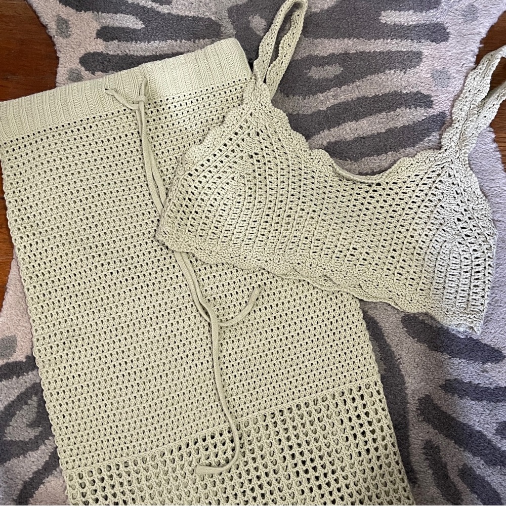 Sage Green Matching Crochet Knitted Top & Bottom set